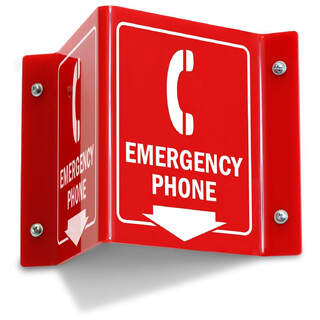 Emergency Phone 2-Sided Projecting Red Triangle Emergency Wall Sign (with Phone Symbol & Down Arrow)