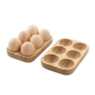 Mini Bamboo 6 Hole Egg Tray (2 Pack) Wooden Holder Rack (12 Holes) - Compact Storage for Fridge, Airbnb, Countertop or Kitchen U